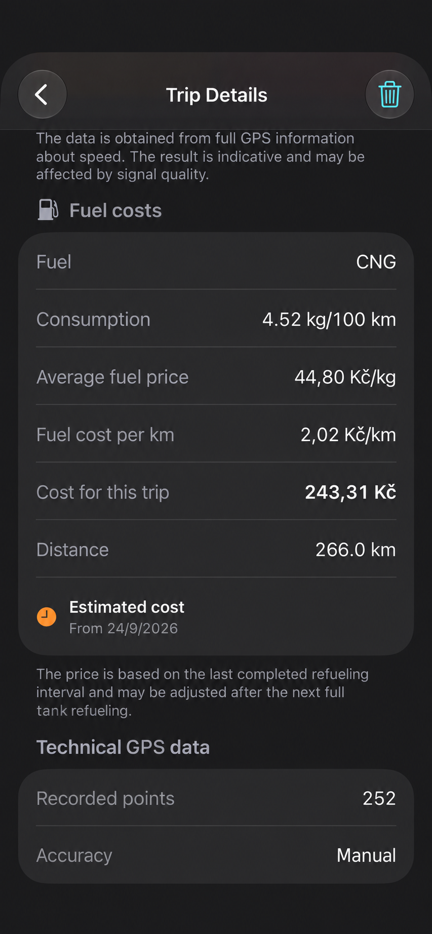 Trip fuel costs and GPS data in FuelLogbook